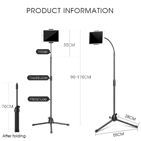Universal Tablet Holder Floor Stand 3.5-10.5 inch Mobile Phone Tablet 360° Rotating Retractable Metal Tripod