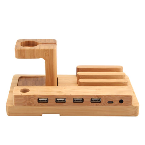 Desktop Bamboo 4 Port USB Charging Station Apple Watch Stand Charger Dock