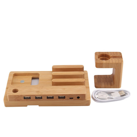 Desktop Bamboo 4 Port USB Charging Station Apple Watch Stand Charger Dock