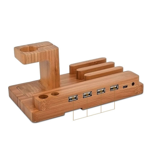 Desktop Bamboo 4 Port USB Charging Station Apple Watch Stand Charger Dock