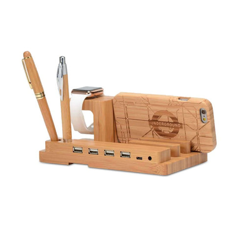 Desktop Bamboo 4 Port USB Charging Station Apple Watch Stand Charger Dock