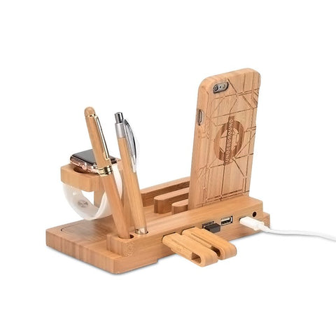 Desktop Bamboo 4 Port USB Charging Station Apple Watch Stand Charger Dock