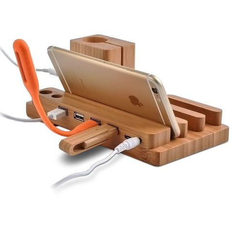 Desktop Bamboo 4 Port USB Charging Station Apple Watch Stand Charger Dock