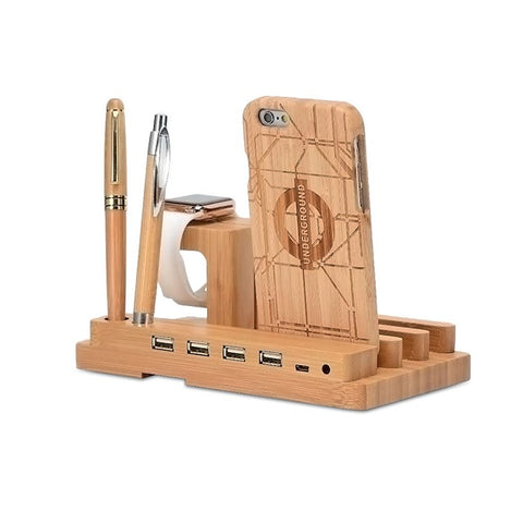 Desktop Bamboo 4 Port USB Charging Station Apple Watch Stand Charger Dock