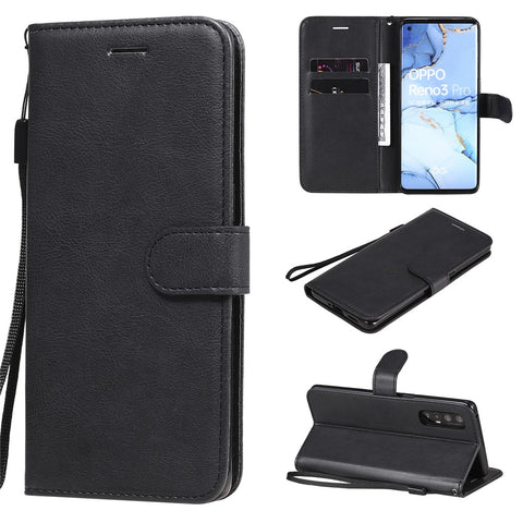 For Oppo Reno3 Pro 5G / Find X2 Neo Case Solid Color Leather Mobile Cover Wallet Stand with Strap