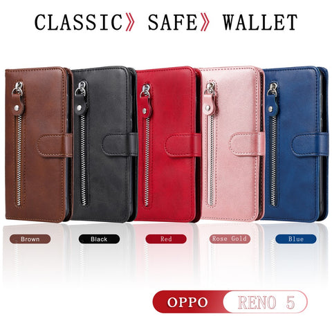Wallet Stand Leather Protective Phone Case Zipper Pocket Design Cover Shell for Oppo Reno5 5G/Reno5 4G/Reno5 K/Find X3 Lite
