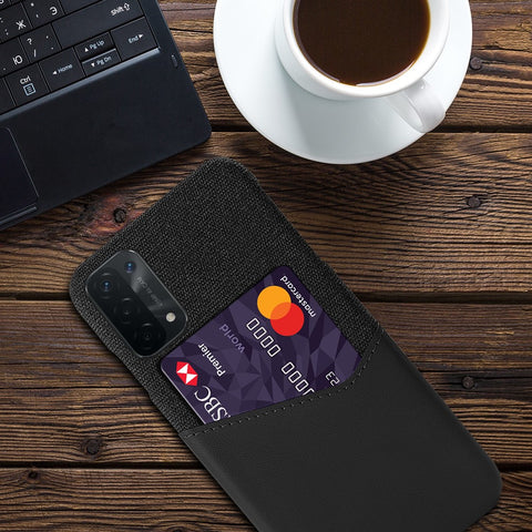 Cloth Texture Leather Coated Hard PC Back Cover with Card Holder for Oppo A74 5G / A54 5G / A93 5G