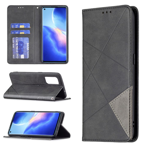 For Oppo Reno5 4G / Reno5 5G / Reno5 K / Find X3 Lite Rhombus-Like Imprinting Leather Stand Case Shell with Card Holder Design