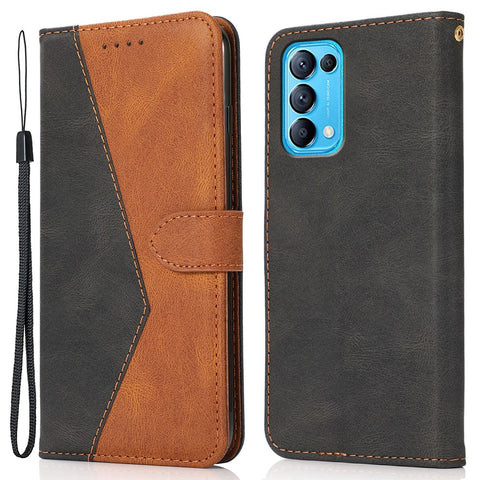 Dual-Color Splicing Stand Flip PU Leather Wallet Case with Strap for Oppo Find X3 Lite / Reno5 5G / Reno5 4G / Reno5 K