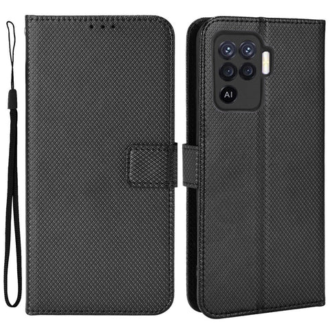 For Oppo A94 4G/F19 Pro 4G/Reno5 F 4G/Reno5 Lite Anti-scratch Anti-drop Diamond Texture PU Leather Wallet Stand Cover Phone Case with Strap