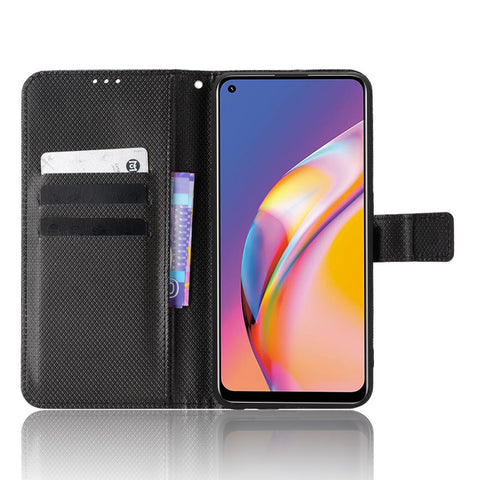 For Oppo A94 4G/F19 Pro 4G/Reno5 F 4G/Reno5 Lite Anti-scratch Anti-drop Diamond Texture PU Leather Wallet Stand Cover Phone Case with Strap