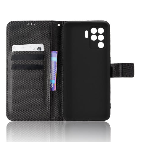 For Oppo A94 4G/F19 Pro 4G/Reno5 F 4G/Reno5 Lite Anti-scratch Anti-drop Diamond Texture PU Leather Wallet Stand Cover Phone Case with Strap