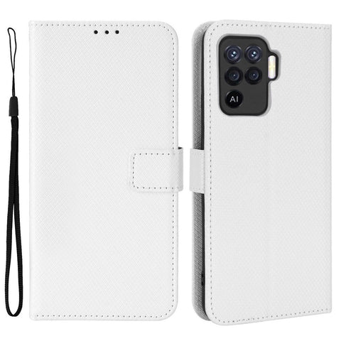 For Oppo A94 4G/F19 Pro 4G/Reno5 F 4G/Reno5 Lite Anti-scratch Anti-drop Diamond Texture PU Leather Wallet Stand Cover Phone Case with Strap