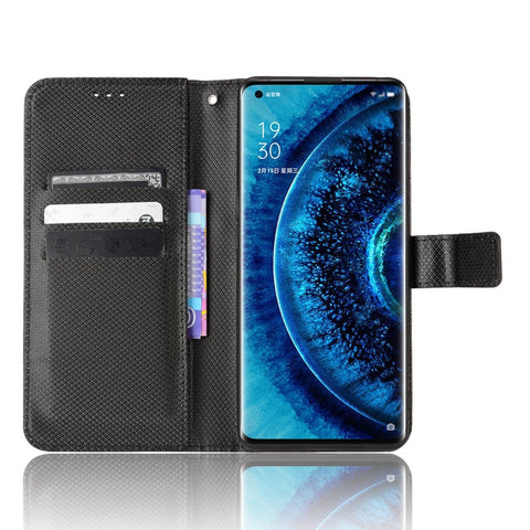 For Oppo Find X2 Pro Magnetic Clasp Anti-drop Diamond Texture PU Leather Wallet Stand Cell Phone Case with Strap