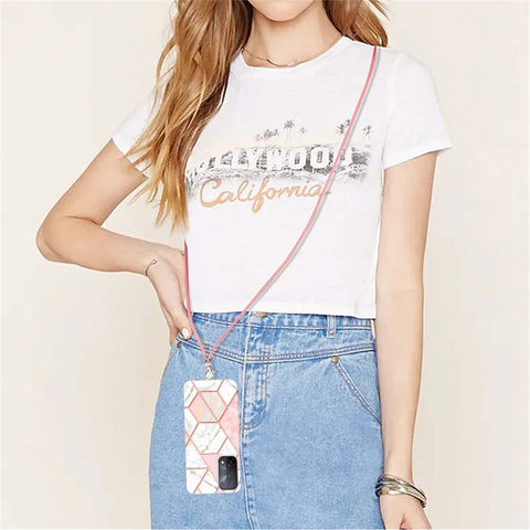 For Oppo A74 5G / A93 5G / A54 5G / A93s 5G Case with Long Strap Splicing IMD Marble Pattern TPU Back Cover