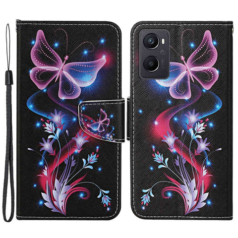 Pattern Printing Cross Texture Phone Case for Oppo A96 4G, PU Leather Wallet Stand Folio Flip Shell with Strap