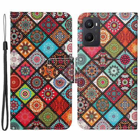 Pattern Printing Cross Texture Phone Case for Oppo A96 4G, PU Leather Wallet Stand Folio Flip Shell with Strap