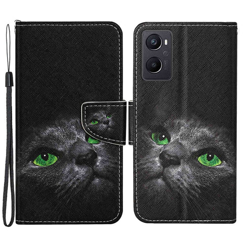 Pattern Printing Cross Texture Phone Case for Oppo A96 4G, PU Leather Wallet Stand Folio Flip Shell with Strap
