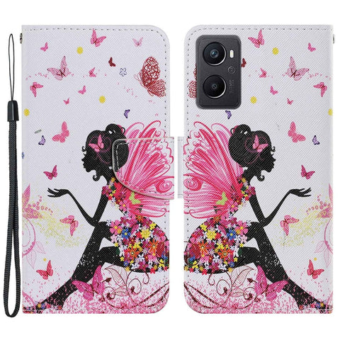 Pattern Printing Cross Texture Phone Case for Oppo A96 4G, PU Leather Wallet Stand Folio Flip Shell with Strap