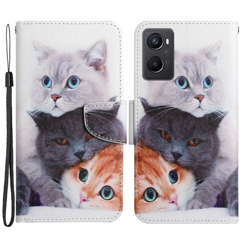 Pattern Printing Cross Texture Phone Case for Oppo A96 4G, PU Leather Wallet Stand Folio Flip Shell with Strap