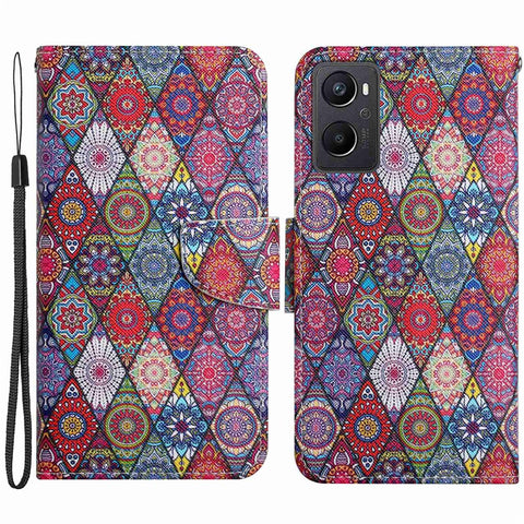 Pattern Printing Cross Texture Phone Case for Oppo A96 4G, PU Leather Wallet Stand Folio Flip Shell with Strap