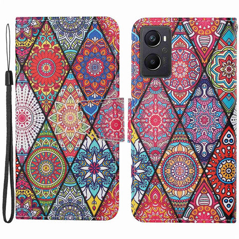 Pattern Printing Cross Texture Phone Case for Oppo A96 4G, PU Leather Wallet Stand Folio Flip Shell with Strap