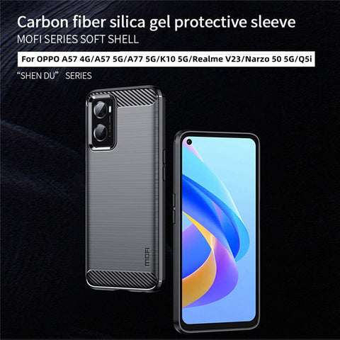 MOFI for Oppo A57 4G / A57s 4G / A57 (2022) 5G / A77 5G / K10 5G / Realme V23 4G / Narzo 50 5G / Q5i Ultra-slim Carbon Fiber Texture Soft TPU Back Cover Brushed Surface Anti-oil Phone Case
