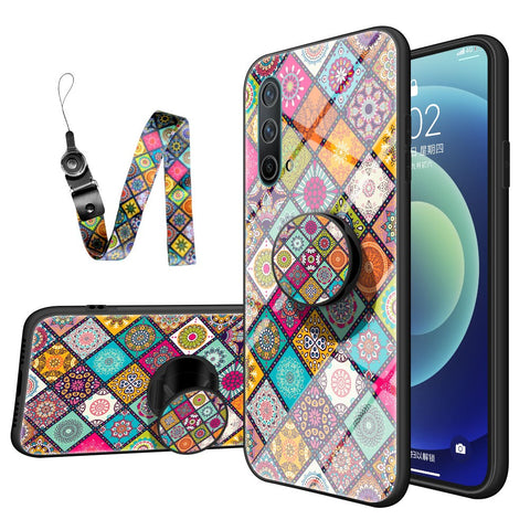 Colorful Flower Pattern Tempered Glass Hybrid Thin Slim Scratch-Resistant Back Cover with Lanyard for OnePlus Nord CE 5G