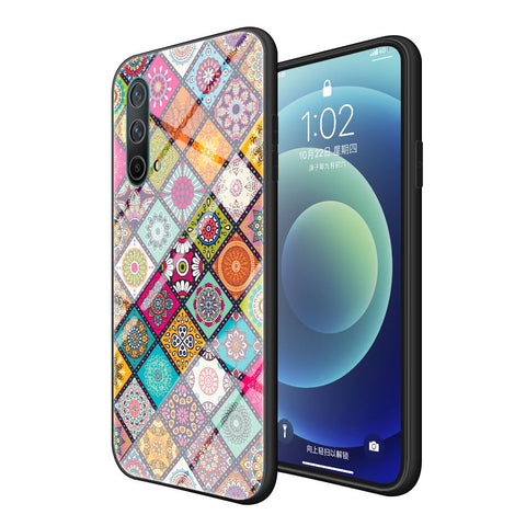 Colorful Flower Pattern Tempered Glass Hybrid Thin Slim Scratch-Resistant Back Cover with Lanyard for OnePlus Nord CE 5G