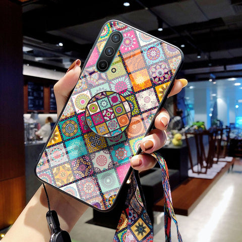 Colorful Flower Pattern Tempered Glass Hybrid Thin Slim Scratch-Resistant Back Cover with Lanyard for OnePlus Nord CE 5G