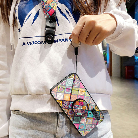 Colorful Flower Pattern Tempered Glass Hybrid Thin Slim Scratch-Resistant Back Cover with Lanyard for OnePlus Nord CE 5G