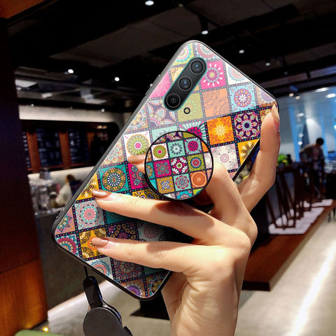 Colorful Flower Pattern Tempered Glass Hybrid Thin Slim Scratch-Resistant Back Cover with Lanyard for OnePlus Nord CE 5G