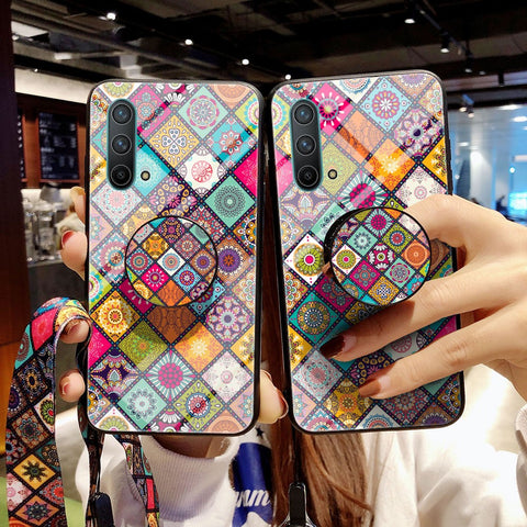 Colorful Flower Pattern Tempered Glass Hybrid Thin Slim Scratch-Resistant Back Cover with Lanyard for OnePlus Nord CE 5G