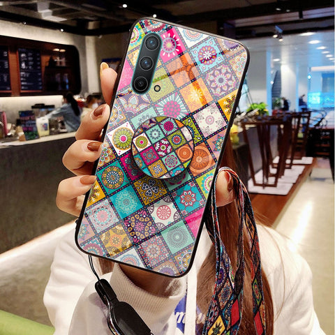 Colorful Flower Pattern Tempered Glass Hybrid Thin Slim Scratch-Resistant Back Cover with Lanyard for OnePlus Nord CE 5G