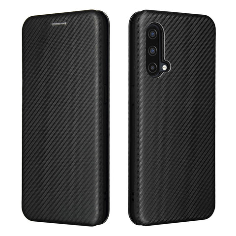 For OnePlus Nord CE 5G Carbon Fiber Texture Automatic Absorption Leather Case with Card Holder and Ring Strap