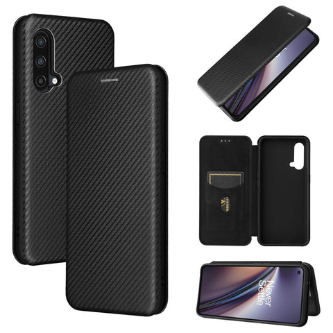 For OnePlus Nord CE 5G Carbon Fiber Texture Automatic Absorption Leather Case with Card Holder and Ring Strap
