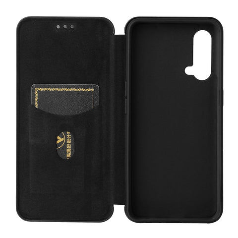 For OnePlus Nord CE 5G Carbon Fiber Texture Automatic Absorption Leather Case with Card Holder and Ring Strap