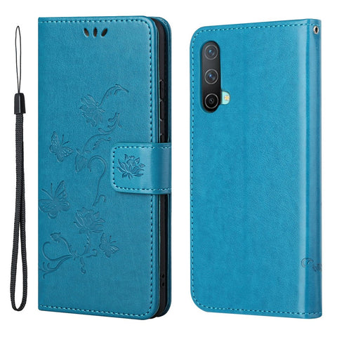 Flower Butterfly Imprint Leather Wallet Stand Phone Cover with Lanyard for OnePlus Nord CE 5G