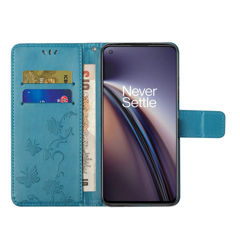 Flower Butterfly Imprint Leather Wallet Stand Phone Cover with Lanyard for OnePlus Nord CE 5G