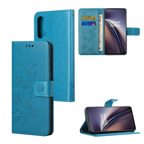 Flower Butterfly Imprint Leather Wallet Stand Phone Cover with Lanyard for OnePlus Nord CE 5G