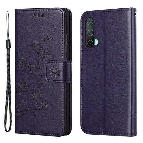 Flower Butterfly Imprint Leather Wallet Stand Phone Cover with Lanyard for OnePlus Nord CE 5G