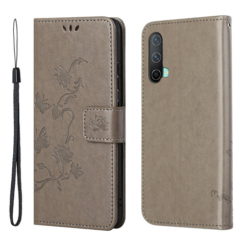 Flower Butterfly Imprint Leather Wallet Stand Phone Cover with Lanyard for OnePlus Nord CE 5G