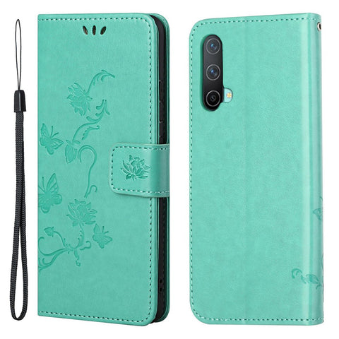 Flower Butterfly Imprint Leather Wallet Stand Phone Cover with Lanyard for OnePlus Nord CE 5G