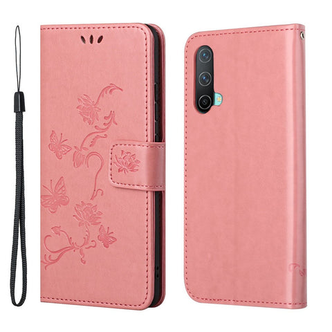 Flower Butterfly Imprint Leather Wallet Stand Phone Cover with Lanyard for OnePlus Nord CE 5G