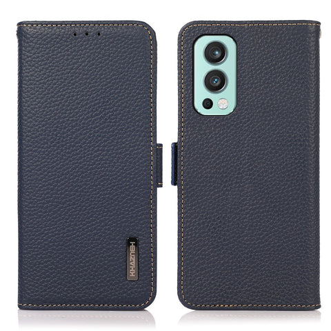KHAZNEH Wallet Stand Litchi Texture Genuine Leather Cover Case with Anti-theft Swiping Design for OnePlus Nord 2 5G