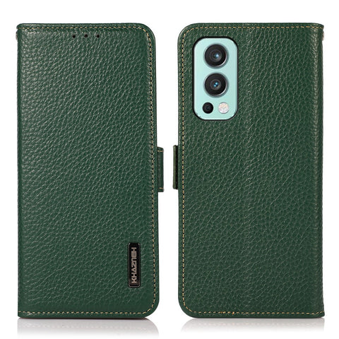 KHAZNEH Wallet Stand Litchi Texture Genuine Leather Cover Case with Anti-theft Swiping Design for OnePlus Nord 2 5G