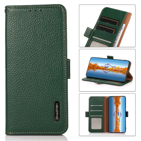 KHAZNEH Wallet Stand Litchi Texture Genuine Leather Cover Case with Anti-theft Swiping Design for OnePlus Nord 2 5G