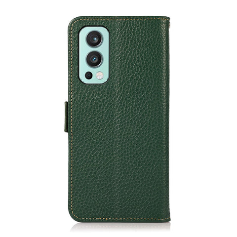 KHAZNEH Wallet Stand Litchi Texture Genuine Leather Cover Case with Anti-theft Swiping Design for OnePlus Nord 2 5G