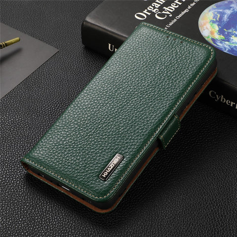 KHAZNEH Wallet Stand Litchi Texture Genuine Leather Cover Case with Anti-theft Swiping Design for OnePlus Nord 2 5G