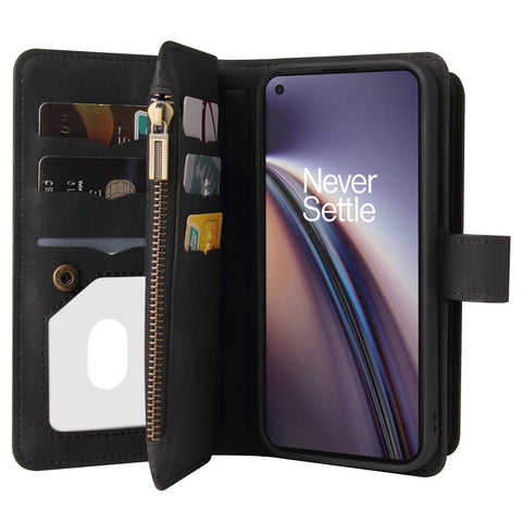 For OnePlus Nord CE 5G Zipper Wallet Case with 15 Card Slots and Strap Leather Phone Cover